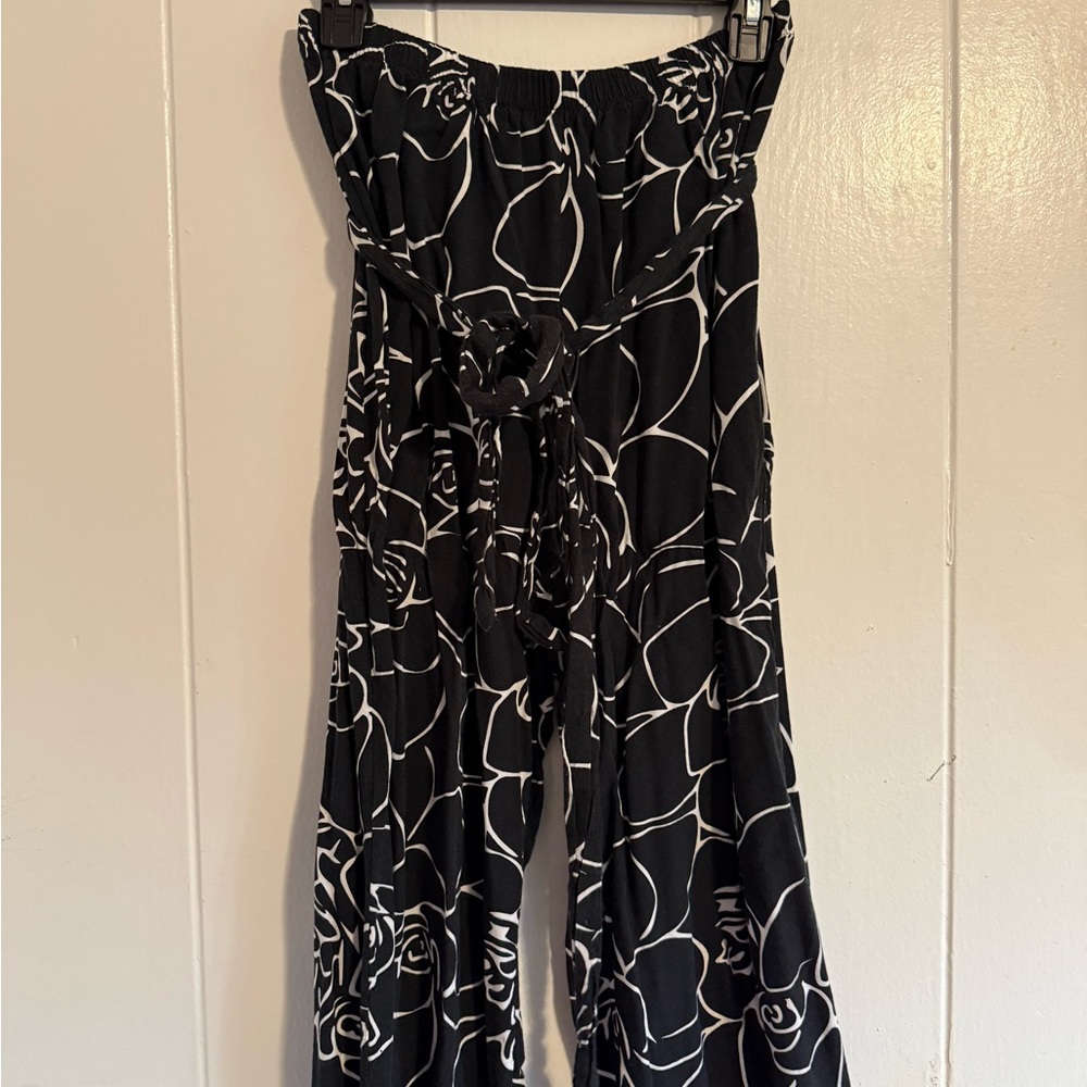 Black and White Wide Leg Jumpsuit with Abstract Patterns